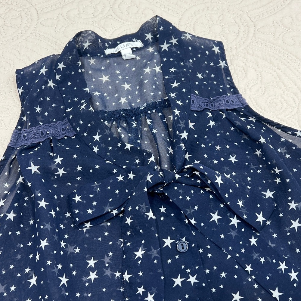 dELiA's Womens XS Navy Star Print Tie Neck Sleeveless High Low Blouse Y2K